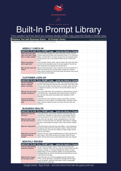 Built-in Claude AI prompt library used to update bids, invoices, and job records by text or voice