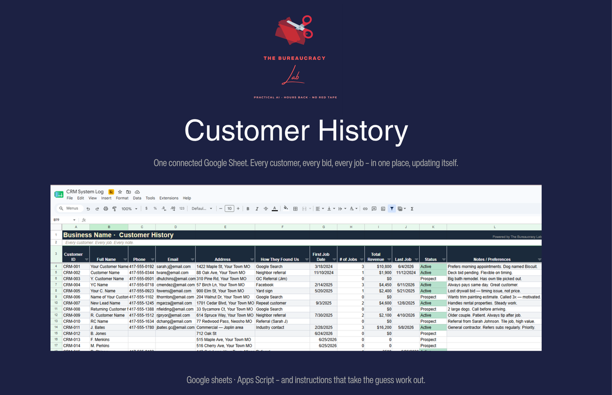 Customer History tab showing past jobs, bid amounts, and contact details linked to each customer record