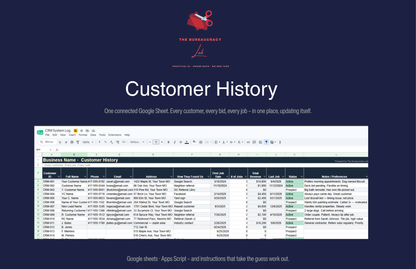 Customer History tab showing past jobs, bid amounts, and contact details linked to each customer record