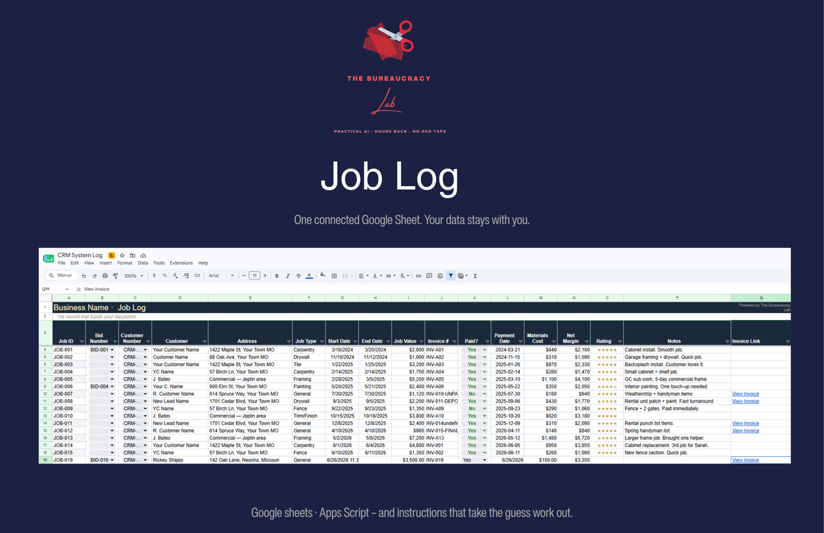 Job Log tab tracking completed and in-progress jobs linked to each customer record