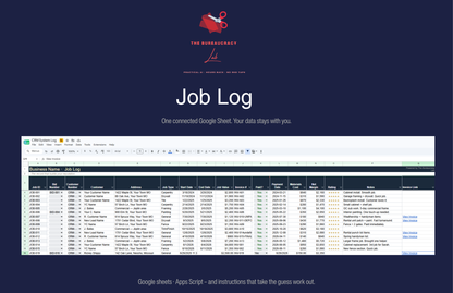 Job Log tab tracking completed and in-progress jobs linked to each customer record