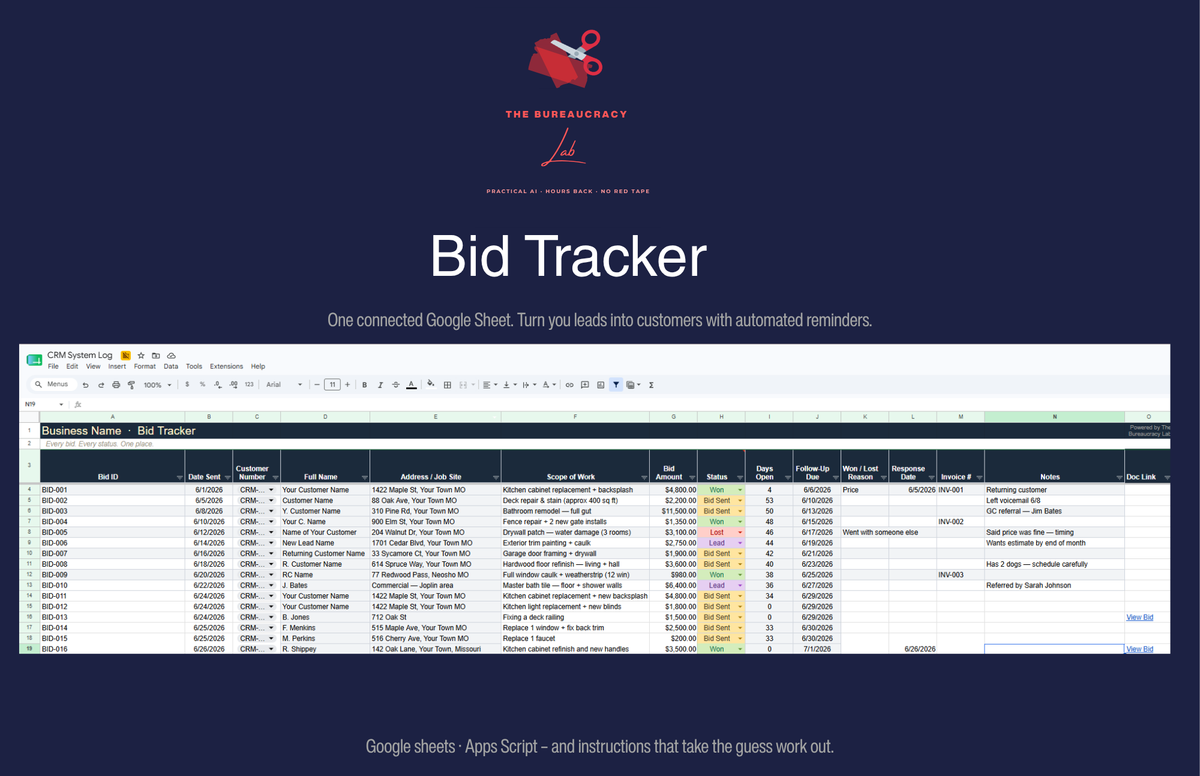 Bid Tracker tab showing open bids, dollar amounts, and days-open status for each customer