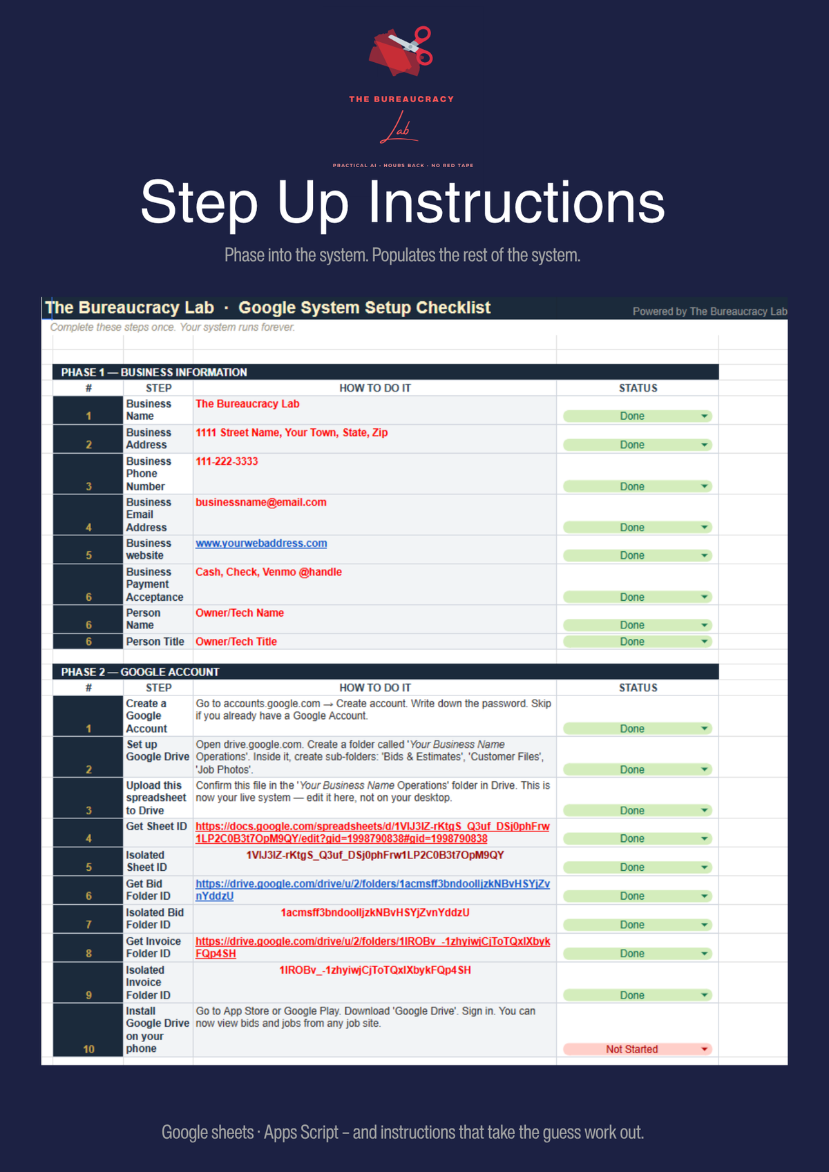 A digital preview of a Google Sheets setup checklist titled 'Step Up Instructions' for 'The Bureaucracy Lab', featuring a dark navy blue header and a white spreadsheet template with green and red status columns.