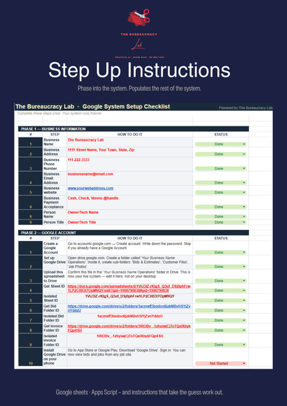 A digital preview of a Google Sheets setup checklist titled 'Step Up Instructions' for 'The Bureaucracy Lab', featuring a dark navy blue header and a white spreadsheet template with green and red status columns.